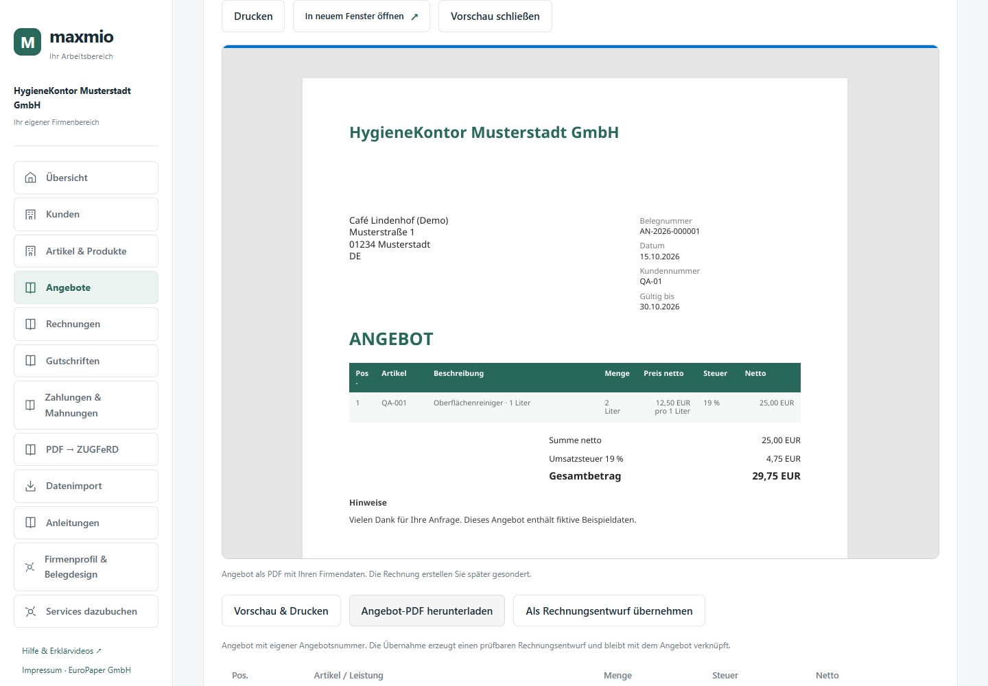 Originale Maxmio-Angebotsvorschau mit fiktiven Daten von HygieneKontor Musterstadt