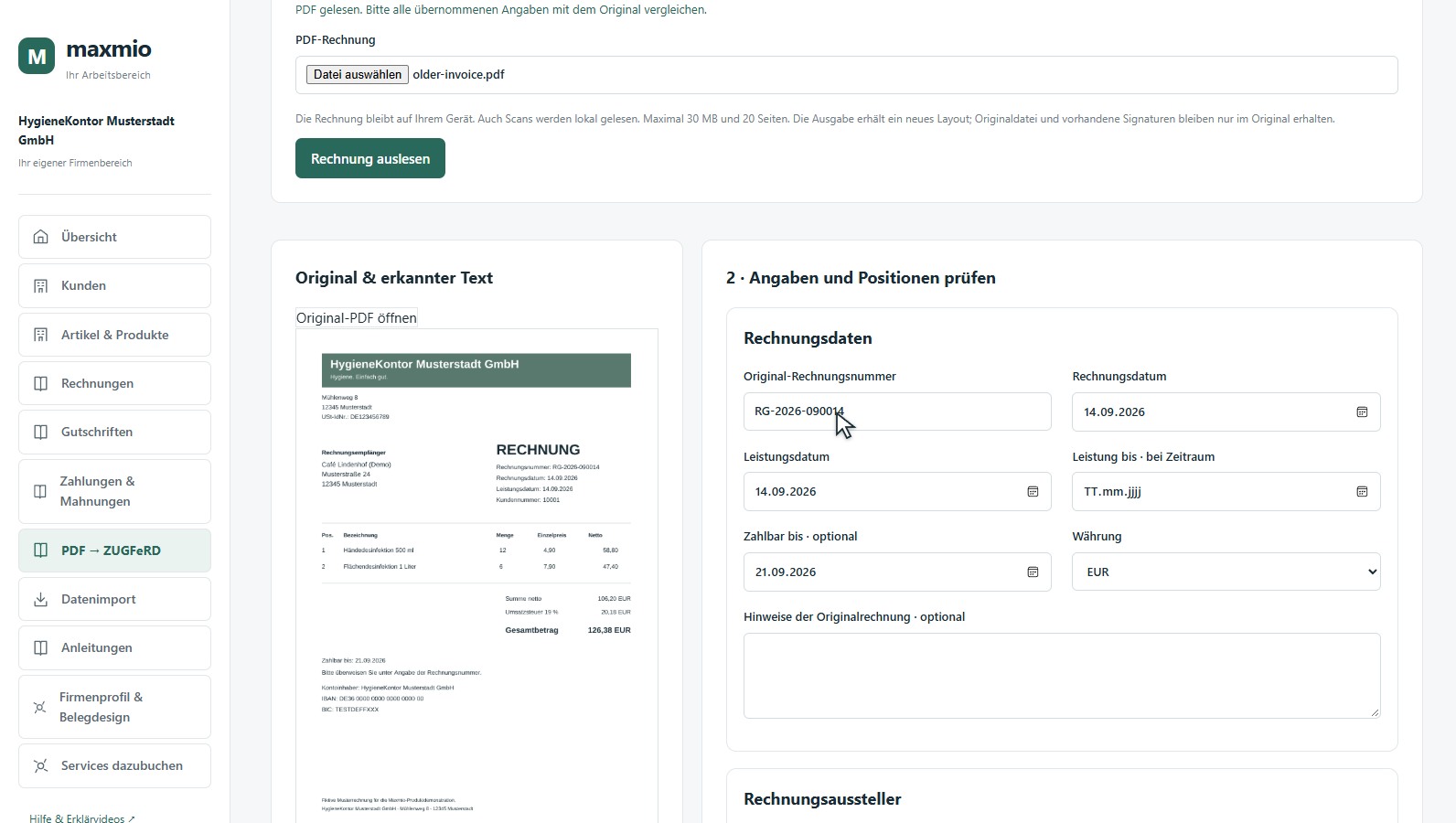 Originalrechnung und echte Prüffelder im Maxmio PDF-Konverter mit fiktiven Daten