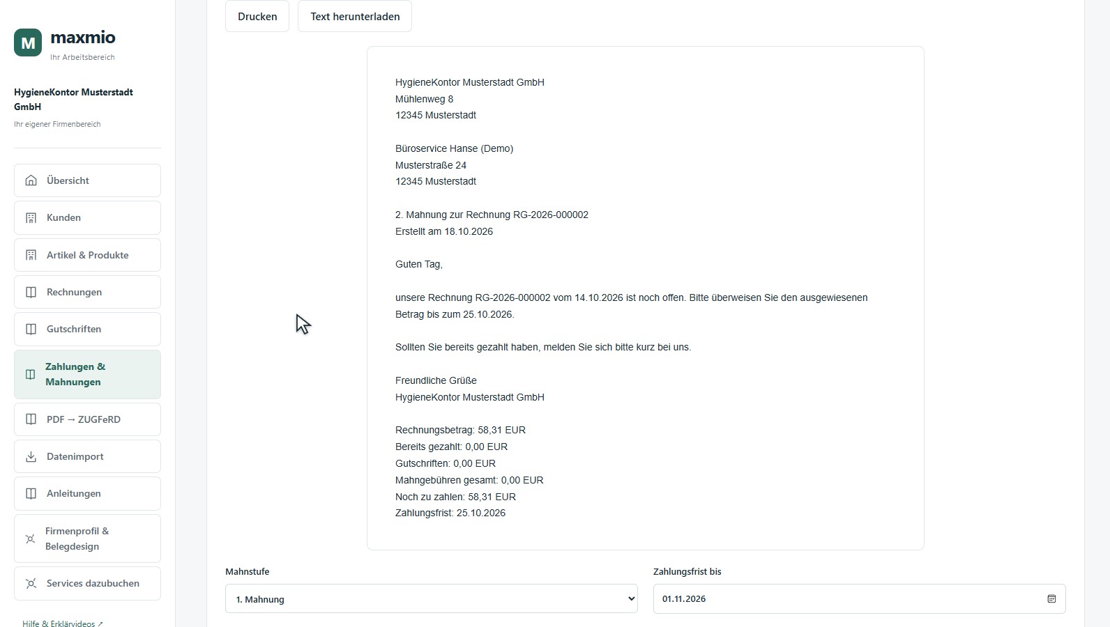 Gespeicherte Mahnung und Druckfunktion in der originalen Maxmio-Oberfläche mit fiktiven Daten