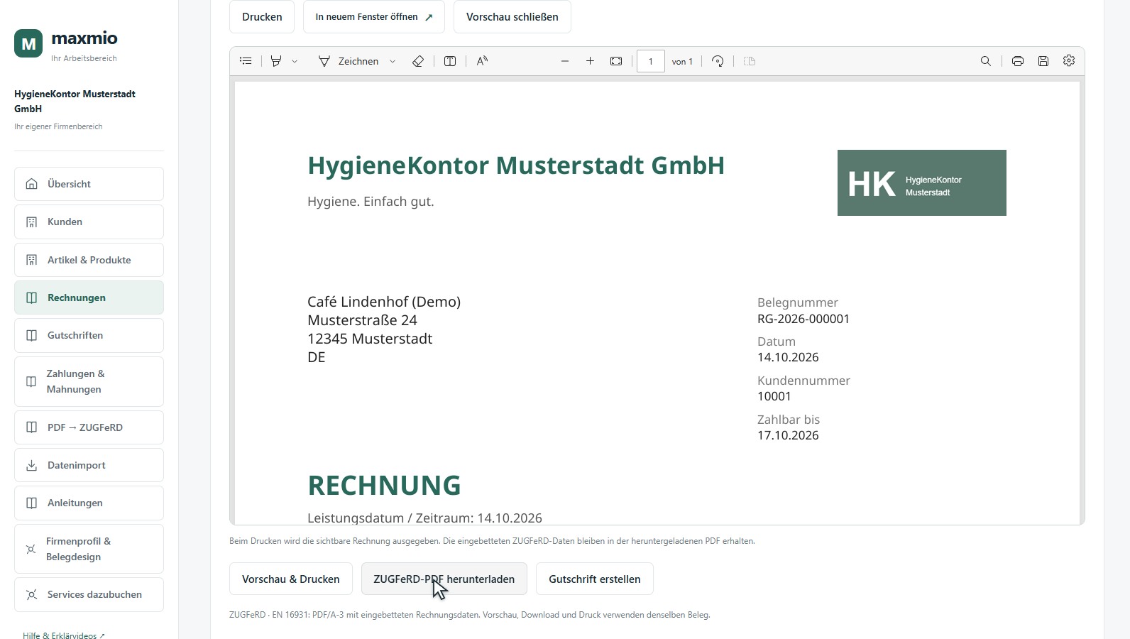 Echte Maxmio-Rechnungsvorschau einer fiktiven Musterfirma